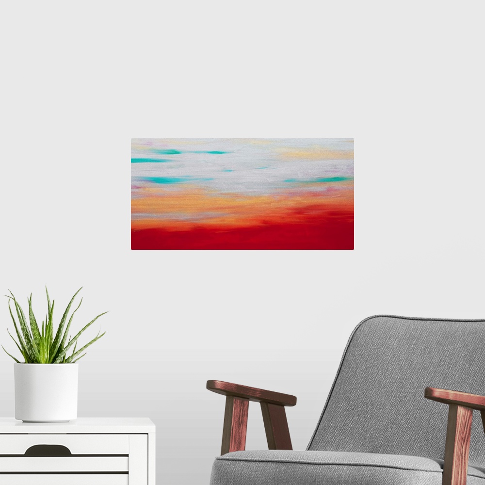 A modern room featuring A contemporary abstract painting using earthy tones toward the bottom of the image and light sky ...