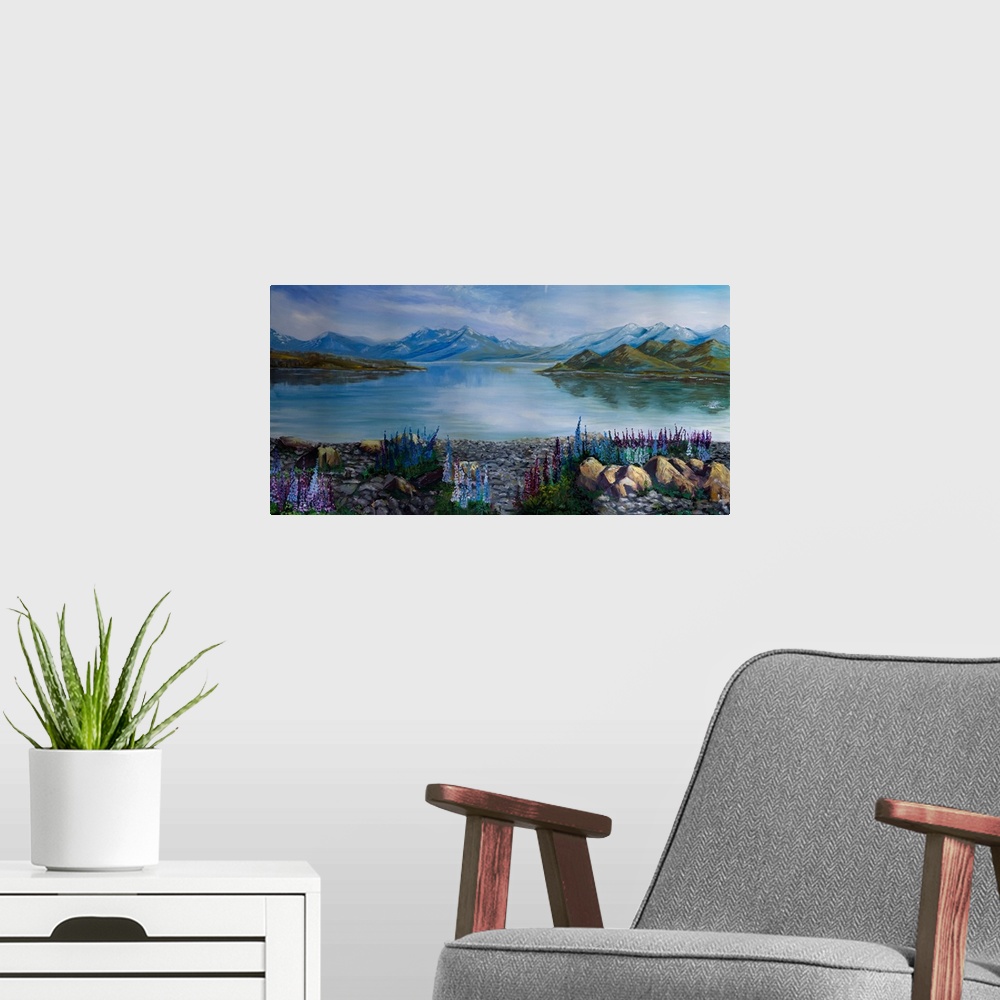 A modern room featuring Painting of the lupin fields around lake Tekapo, famous for its pristine beaches, picturesque mou...