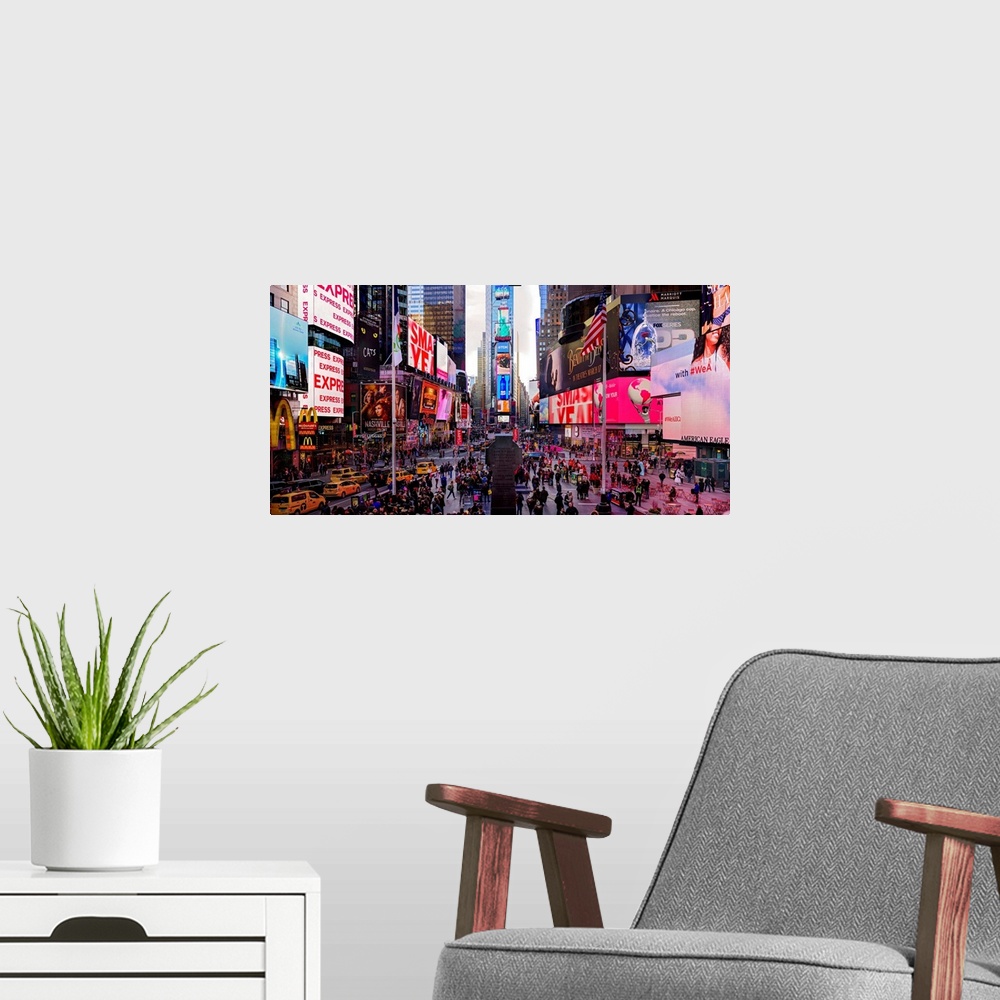 A modern room featuring Times Square