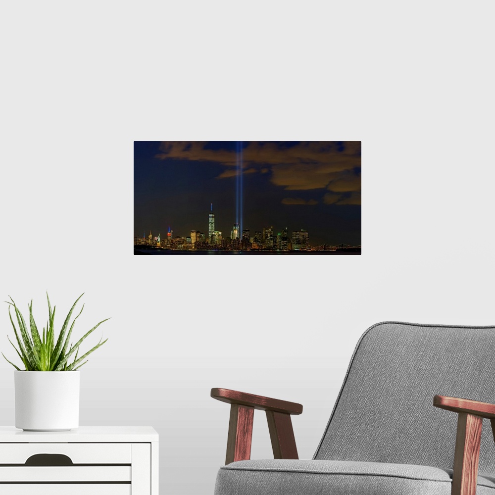 A modern room featuring Tribute In Light Panoramic View With Lower Manhattan And Statue Of Liberty