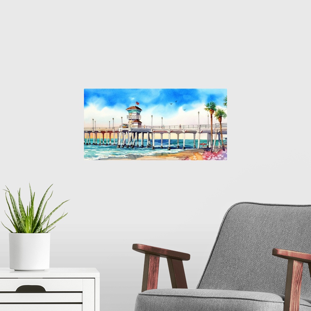 A modern room featuring Watercolor of the Huntington Beach pier
