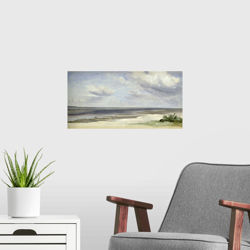 A modern room featuring Traditional panoramic painting of seashore with small grass patch under a cloudy sky.
