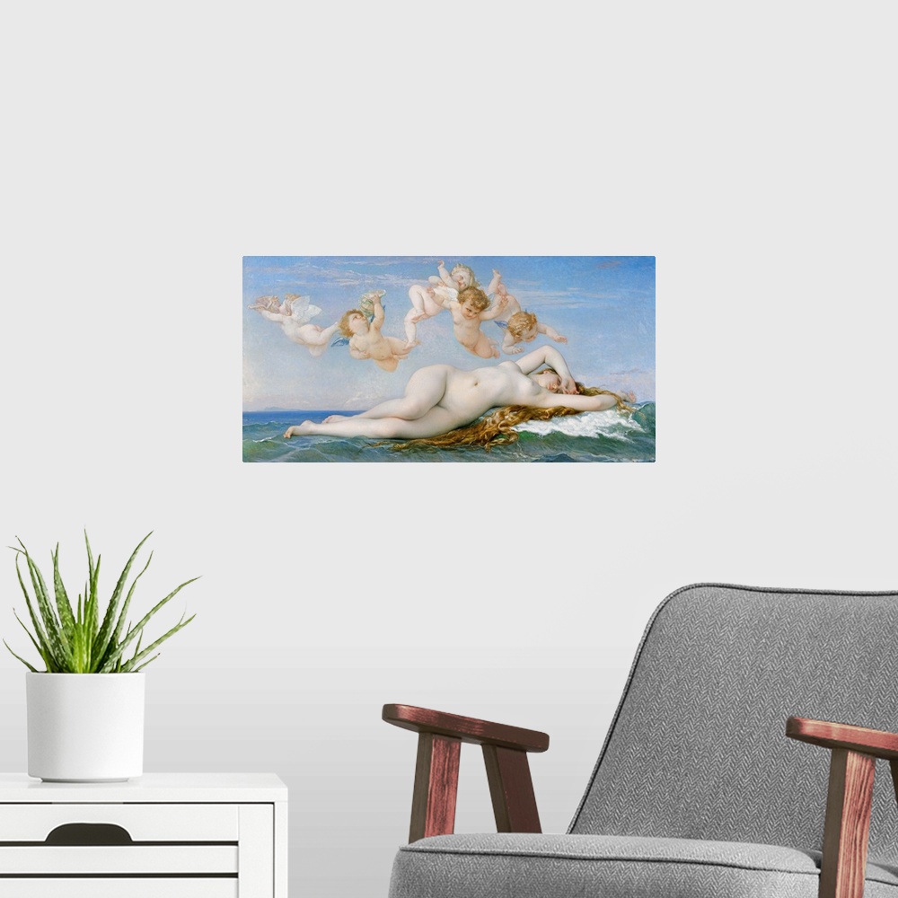 A modern room featuring Painting of nude woman lying on waves in the ocean with five small angel cherubs above her in a c...