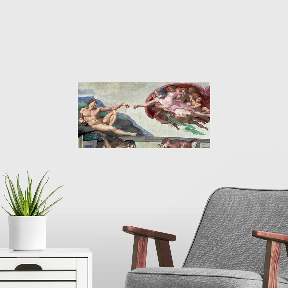 A modern room featuring Landscape artwork on a large canvas of The Creation of Adam from the Sistine Chapel Ceiling.  God...