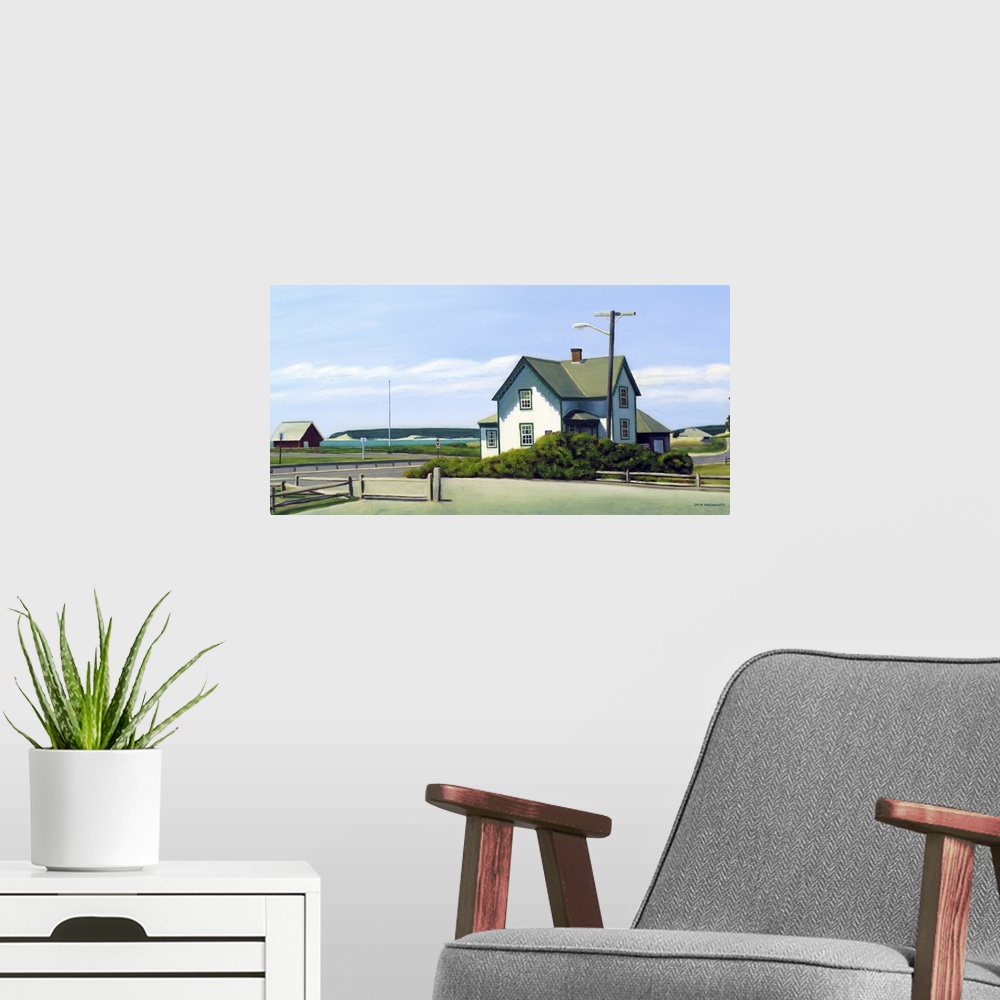 A modern room featuring Contemporary painting of a house on the coast in New England.