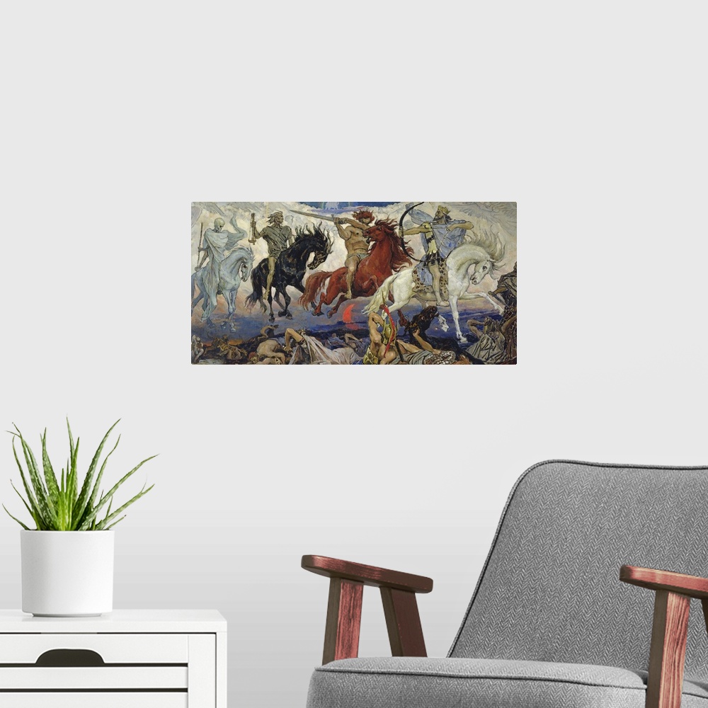 A modern room featuring BAL322449 The Four Horsemen of the Apocalypse, 1887 (oil on canvas)  by Vasnetsov, Victor Mikhail...