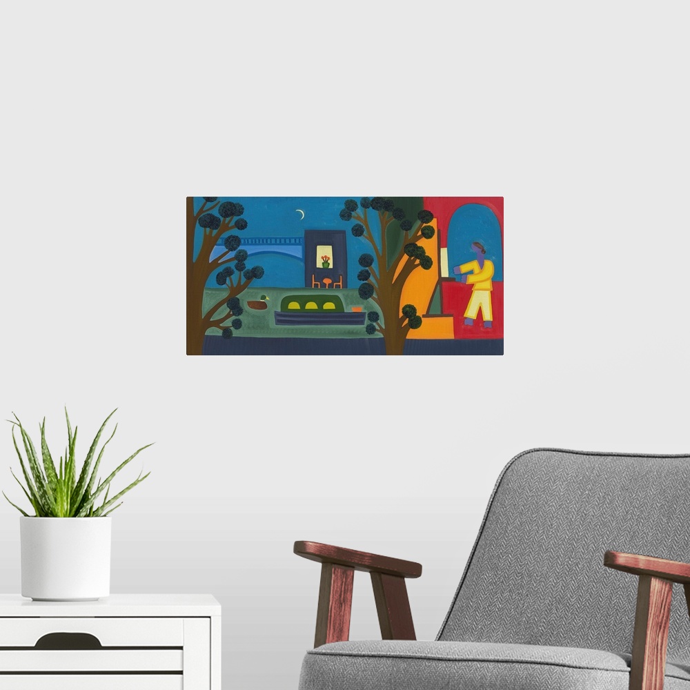 A modern room featuring Contemporary painting of an artist working in a loft with trees.
