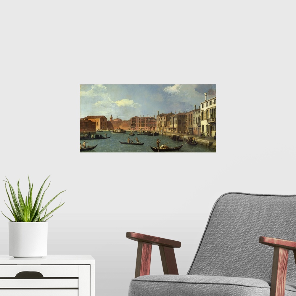 A modern room featuring XIR18976 View of the Canal of Santa Chiara, Venice (oil on canvas)  by Canaletto, (Giovanni Anton...