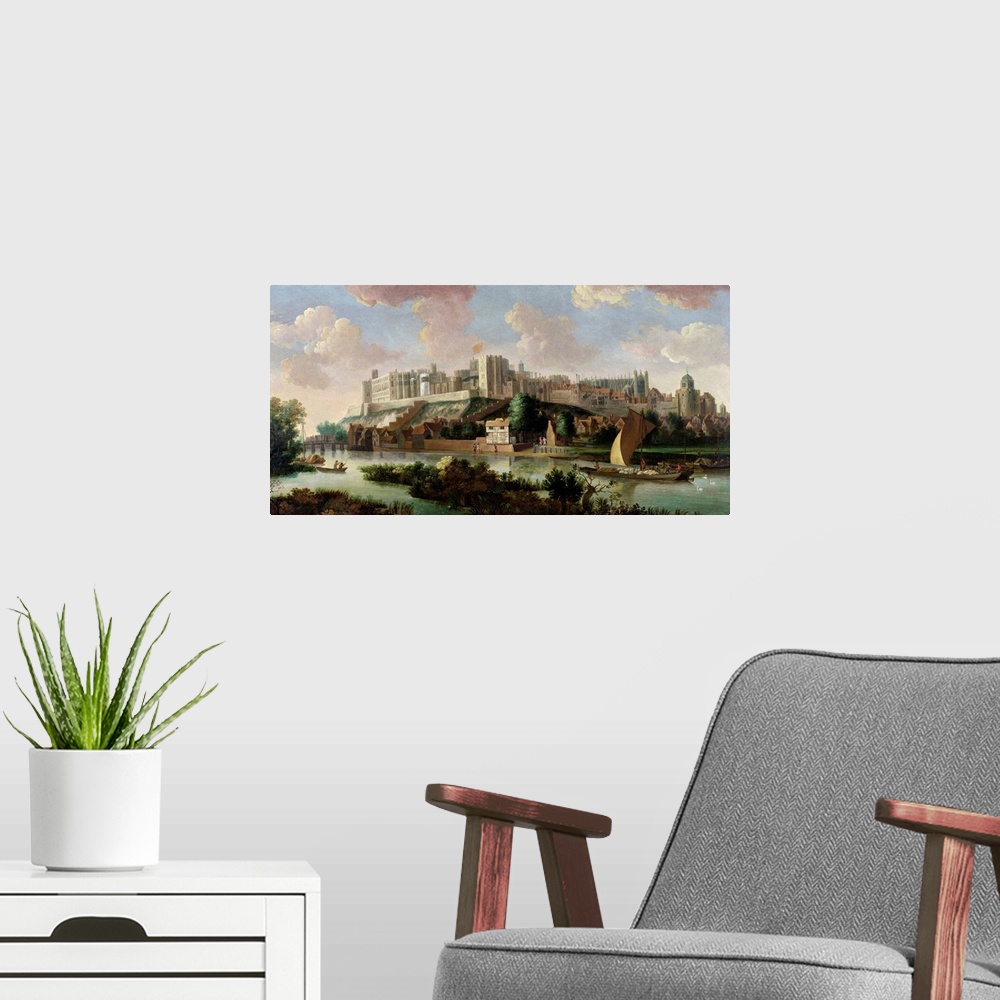 A modern room featuring XYC239856 Windsor Castle seen from the Thames, c.1700 (oil on canvas) by Vorsterman, Johannes (16...