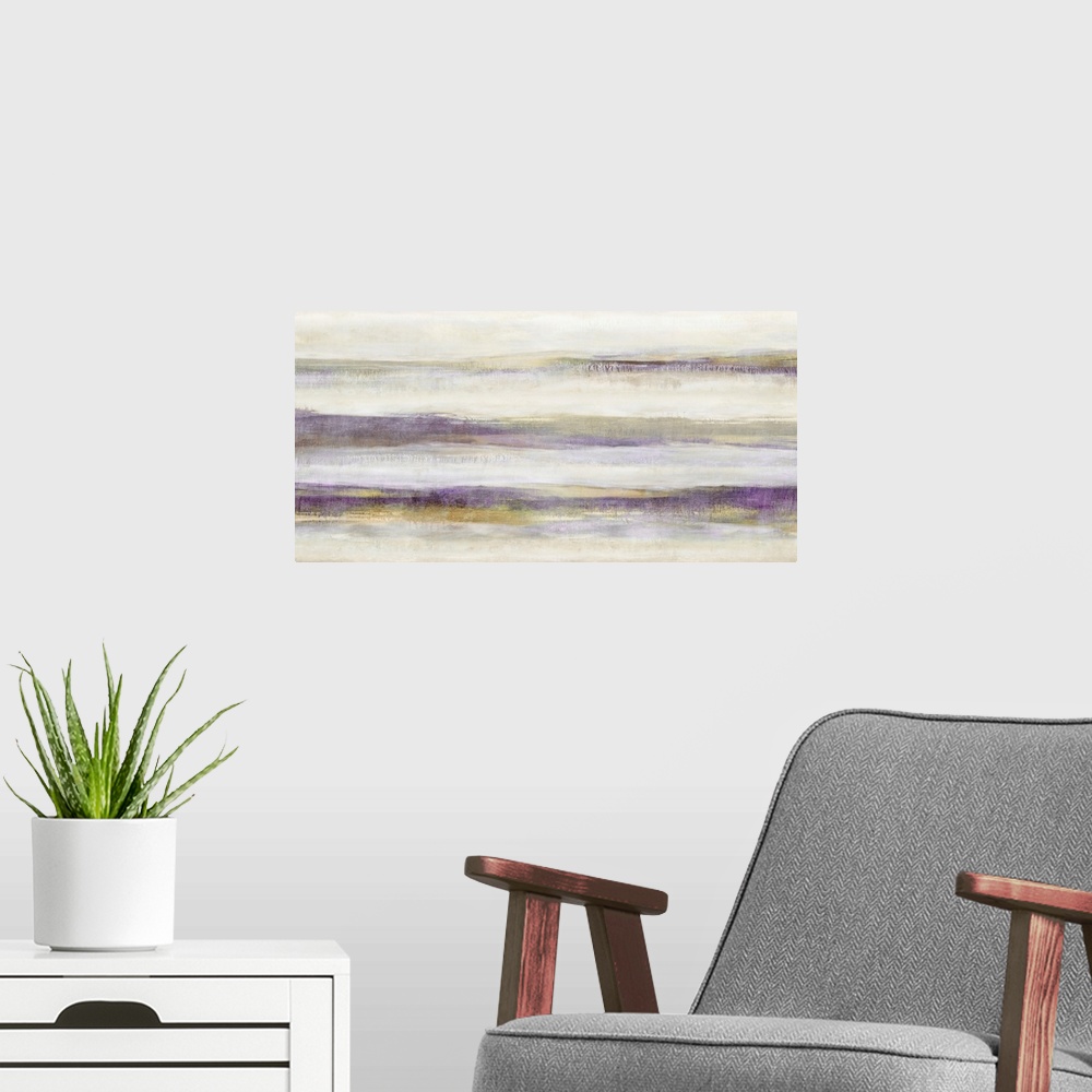 A modern room featuring Large abstract painting with bands of gold and purple running horizontally across the white and t...