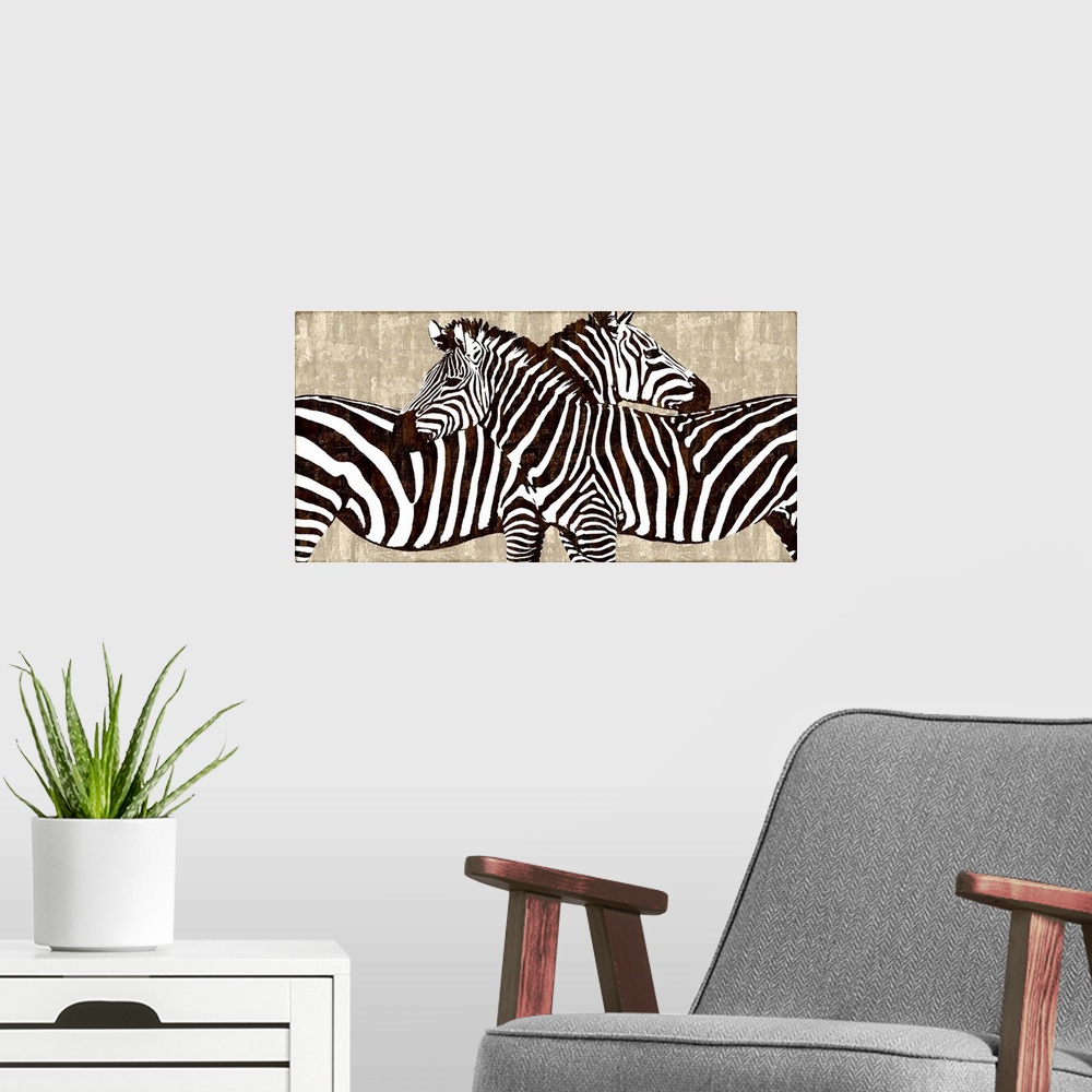 A modern room featuring Illustrated decor with two zebras facing opposite directions on a neutral colored background.
