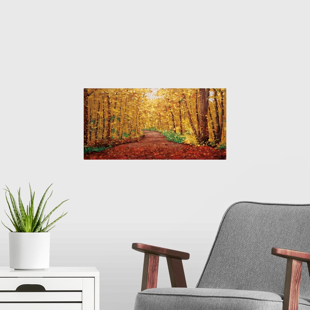 A modern room featuring Long horizontal painting of a country road cutting through a forest in the fall, with warm, golde...