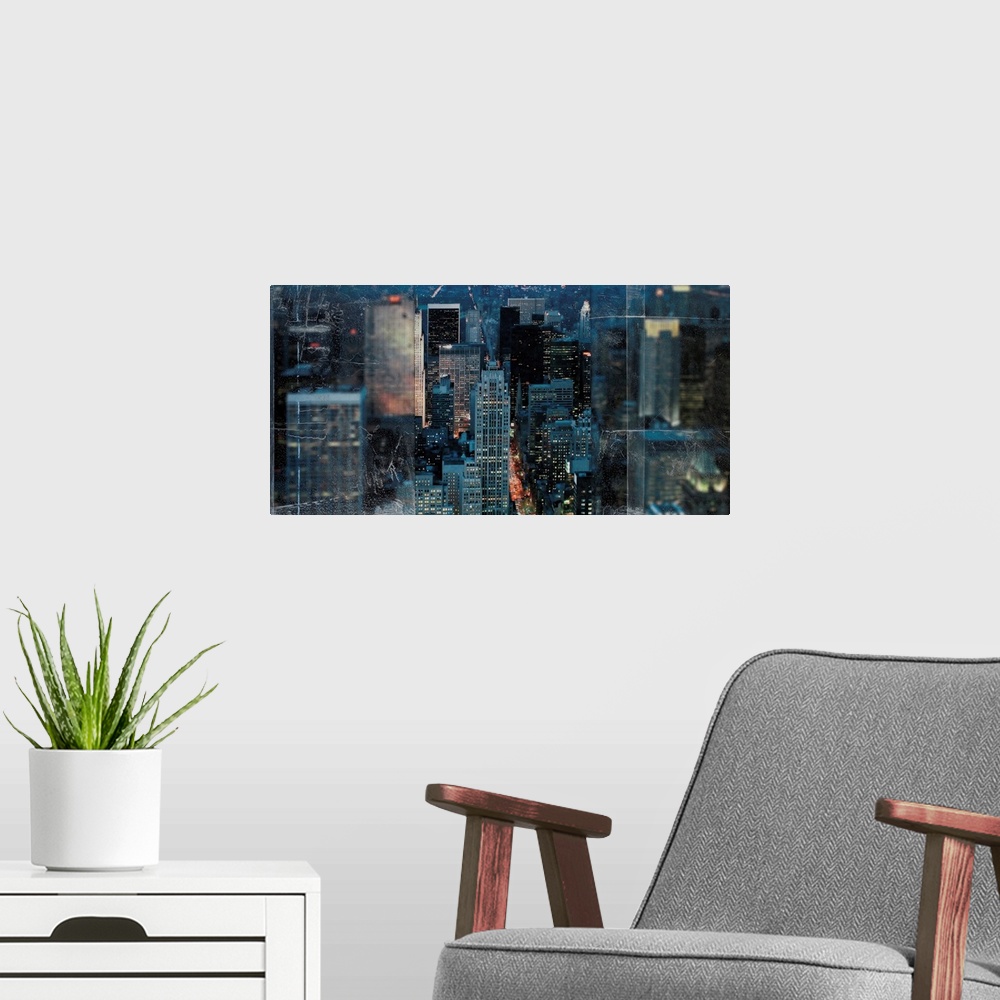 A modern room featuring An image composite of the city skyline of New York framed with a textured screen on both sides.