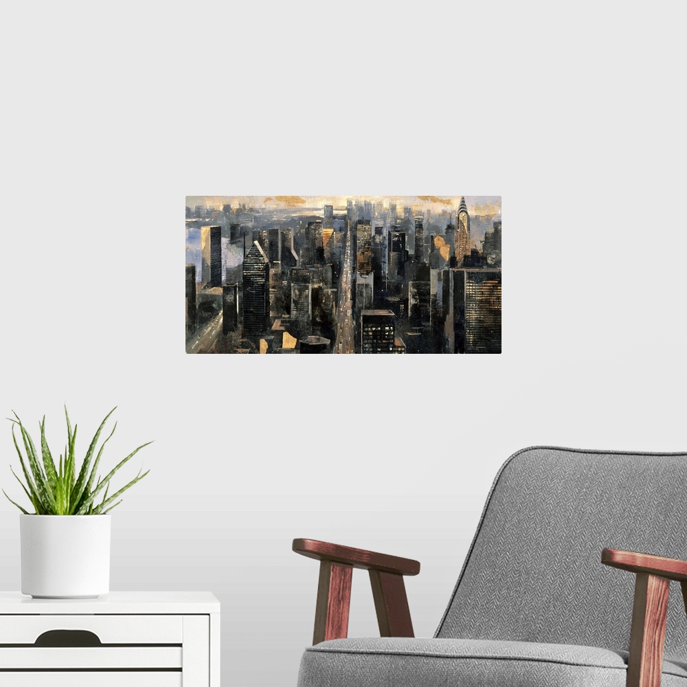 A modern room featuring A horizontal painting of an aerial view of the New York cityscape.