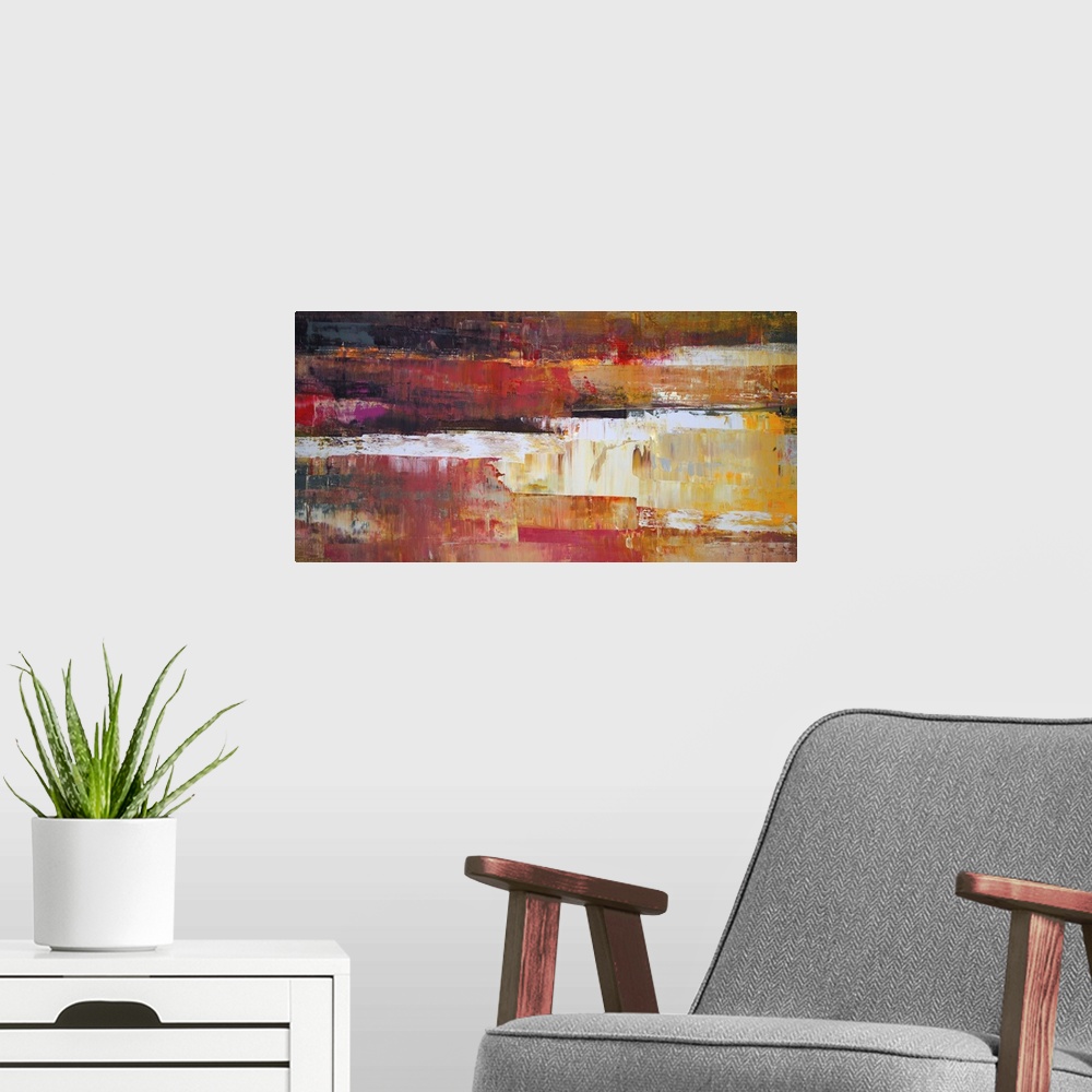 A modern room featuring A horizontal abstract painting in vibrant textured colors of red, yellow and brown.
