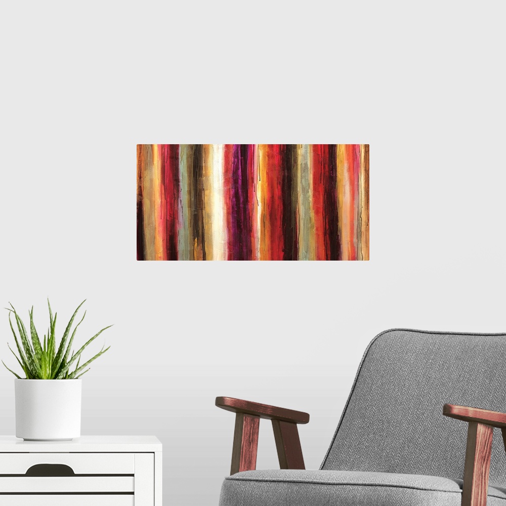 A modern room featuring Contemporary painting of warm tones of red, purple and orange in vertical stripes and drips of pa...