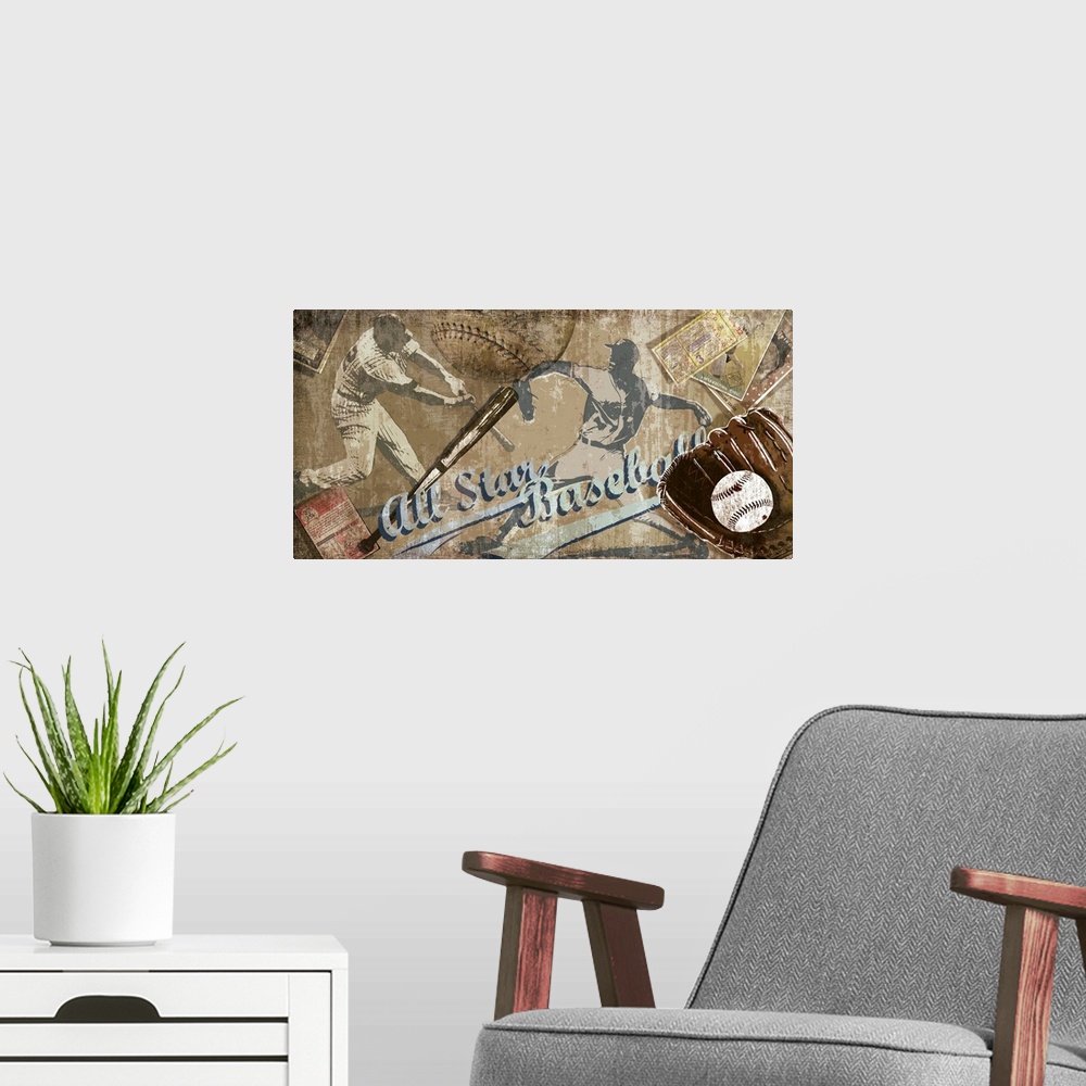 A modern room featuring Baseball decorative artwork with baseball items such as bat, program and ball with the text "All ...
