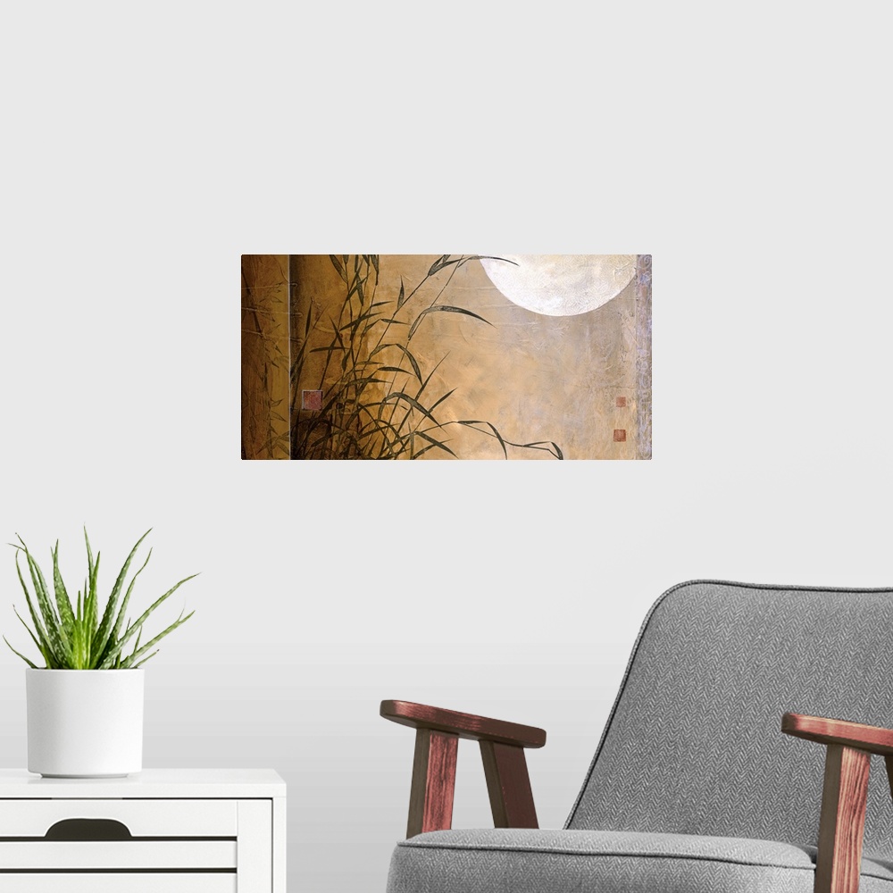 A modern room featuring A contemporary painting with bamboo and the moon with a rectangle border on the left.