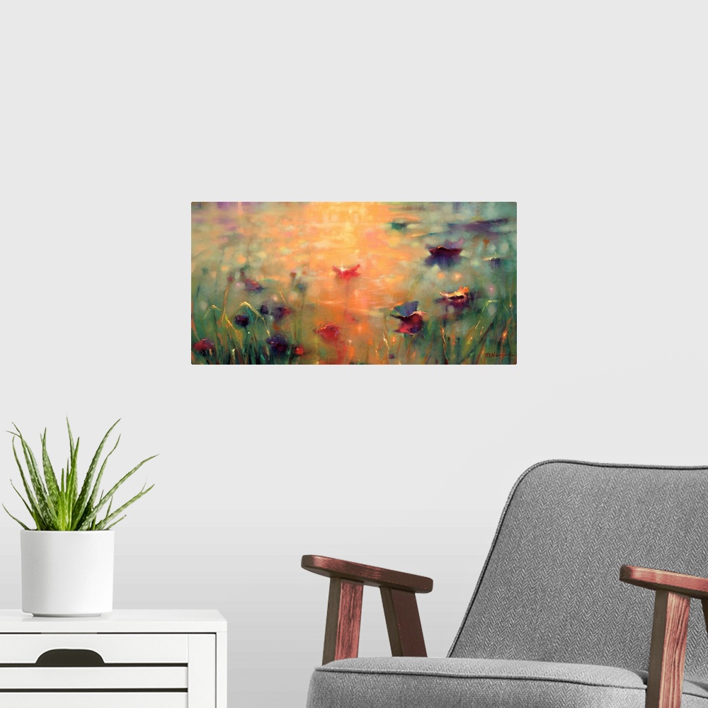 A modern room featuring A bright colored horizontal painting of multi-colored lily pads on a body of water with the refle...