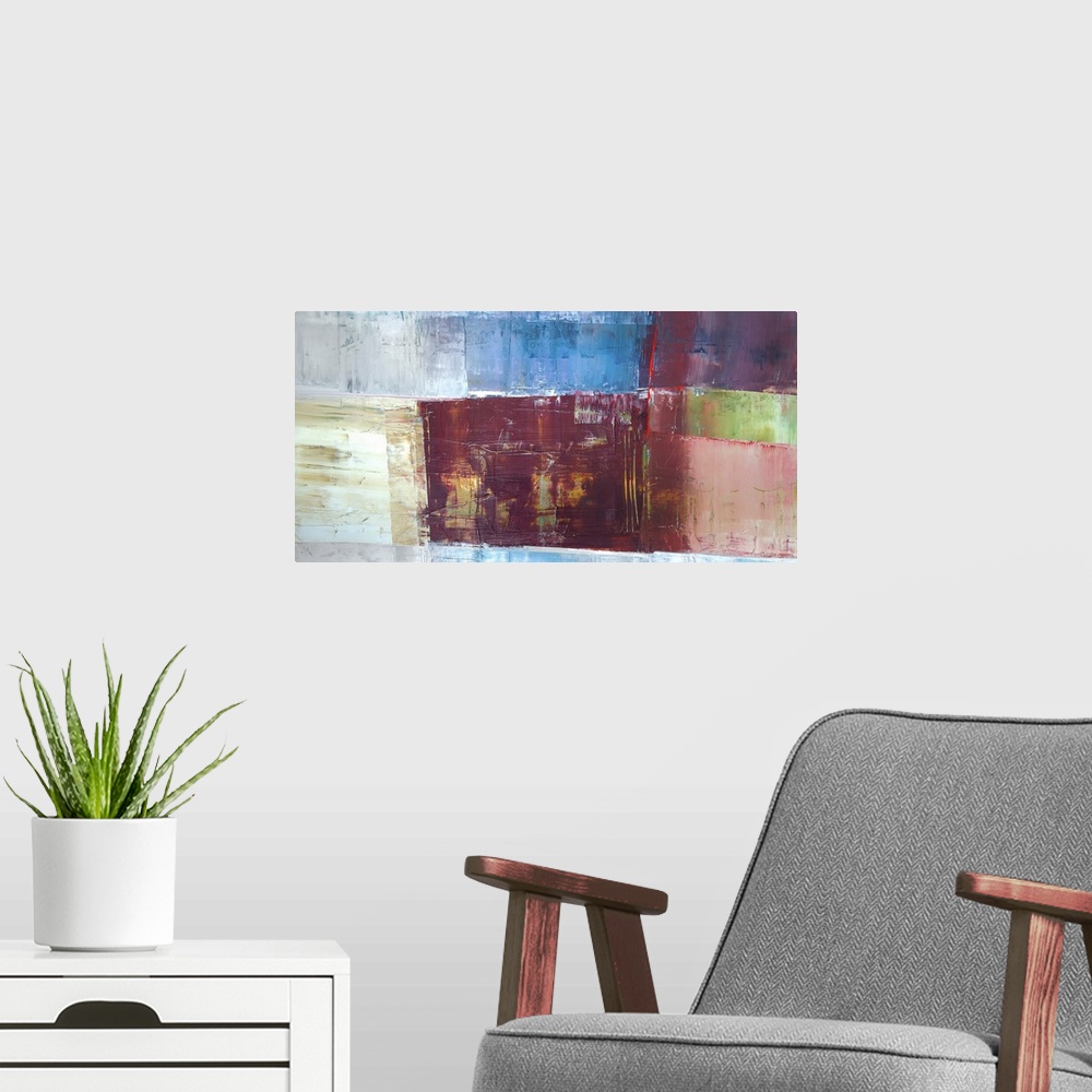 A modern room featuring A horizontal abstract painting in textured colors of brown, blue and red in box shapes.