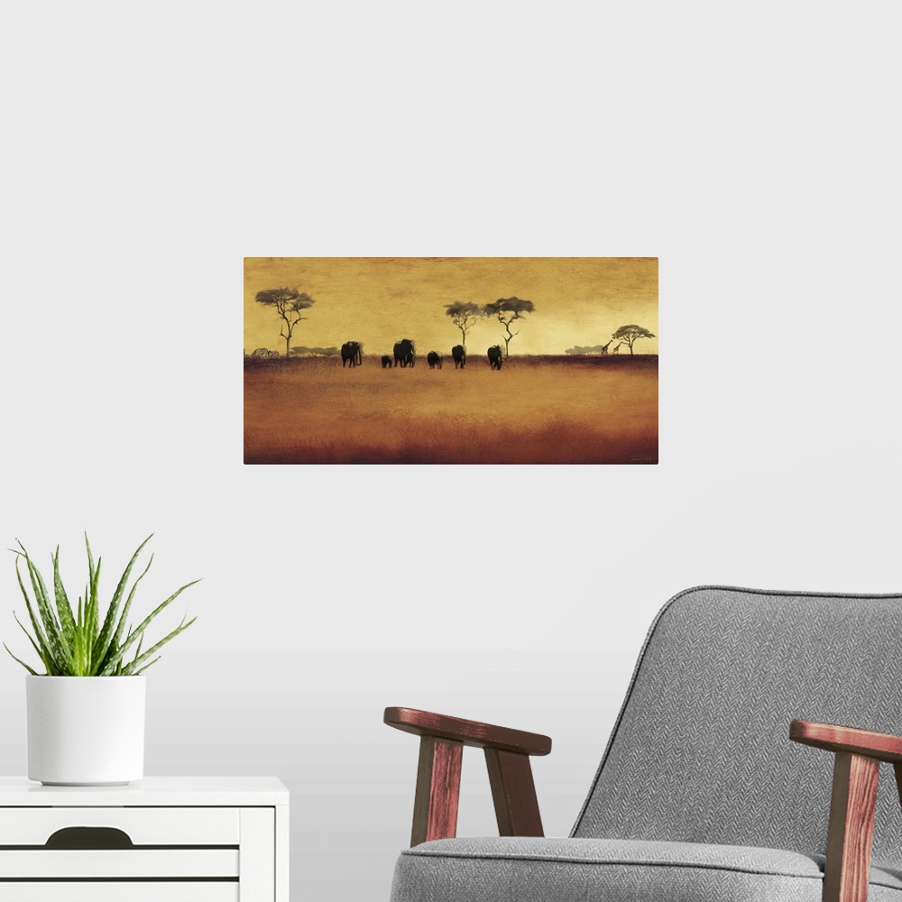 A modern room featuring Painting of the African plains with animals in the distance.