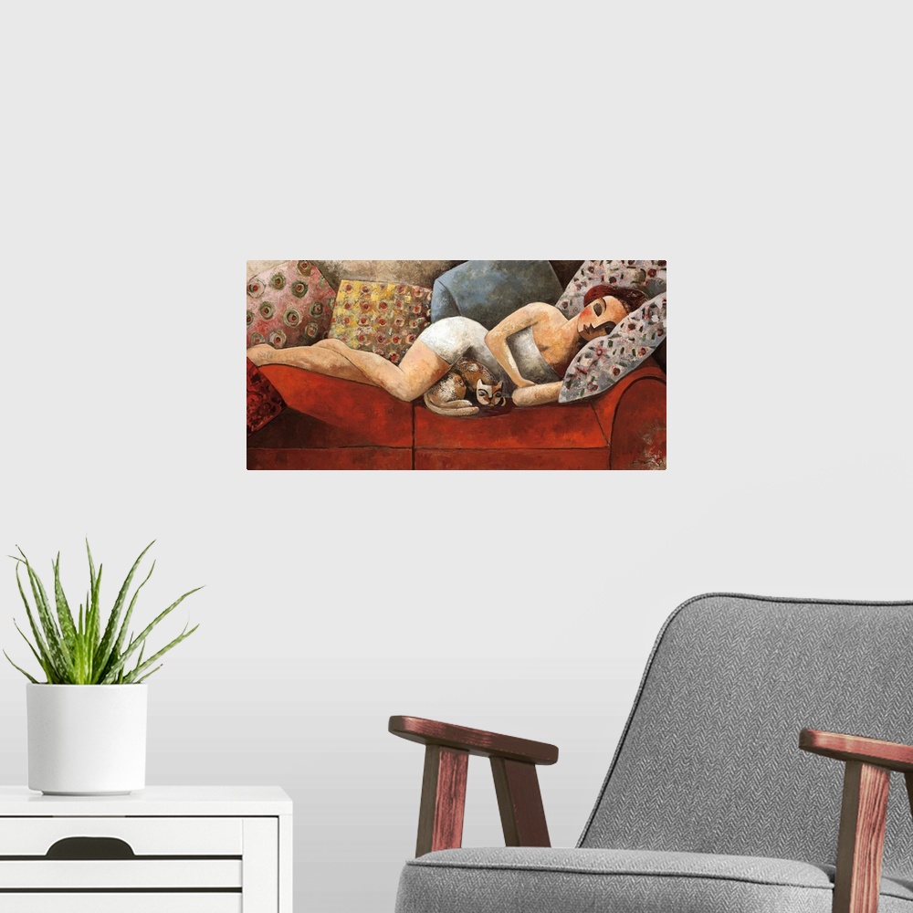 A modern room featuring A horizontal portrait of a woman laying on a red couch with a cat, painted with cubism elements.