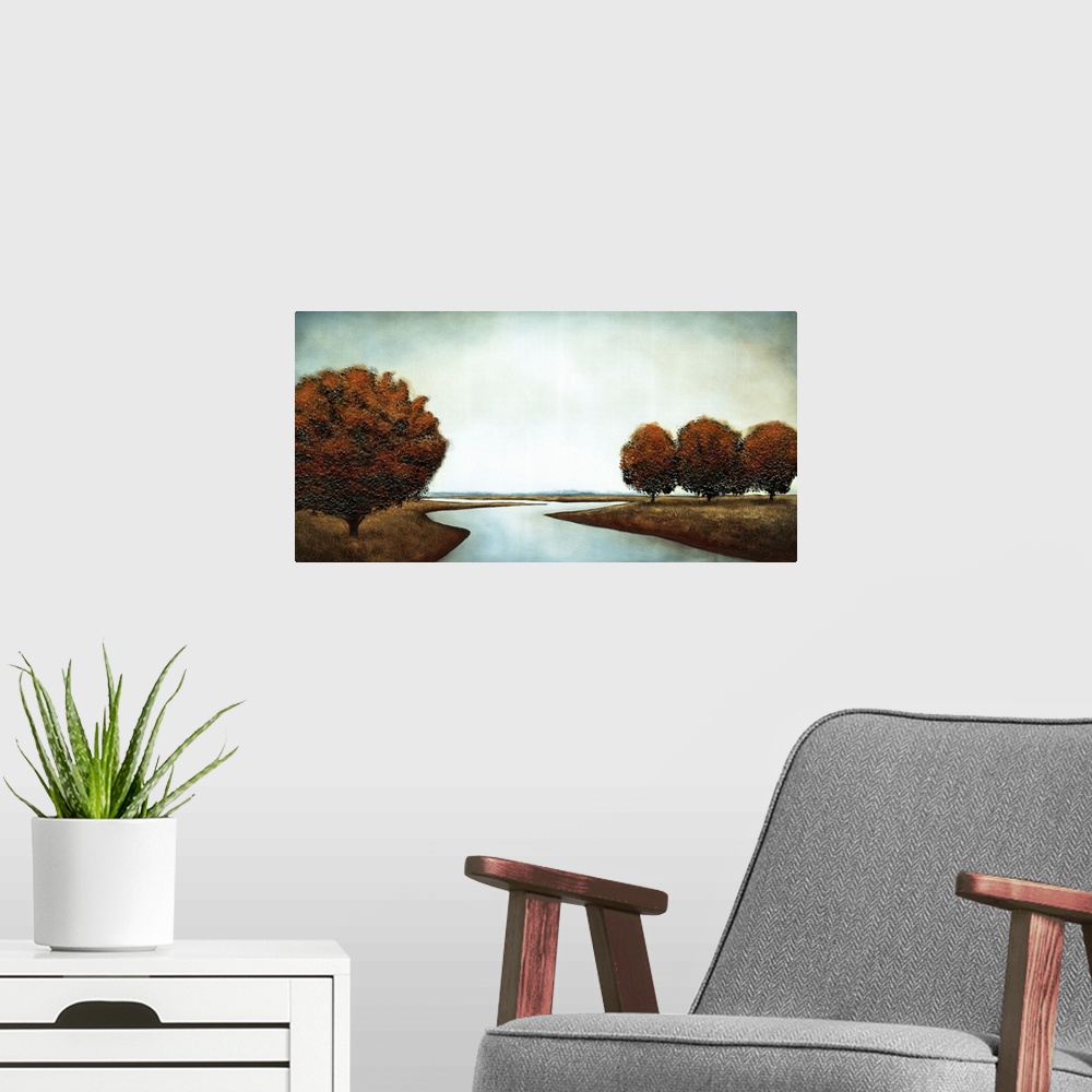 A modern room featuring Horizontal contemporary painting of a river winding through a group of trees in muted colors.