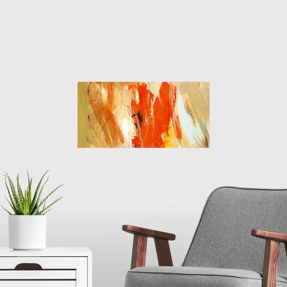 A modern room featuring A horizontal abstract painting in vibrant colors of orange, yellow and white.