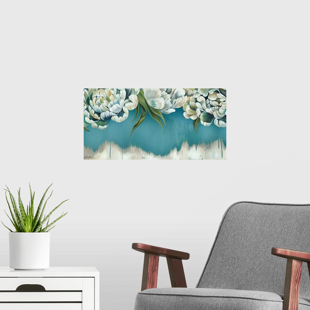 A modern room featuring Contemporary painting of a group of white flowers against a blue and white backdrop.