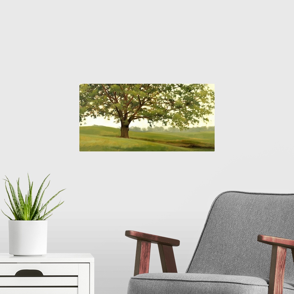 A modern room featuring Panoramic landscape of a large tree in a field of green grass with a line of a distance woods in ...
