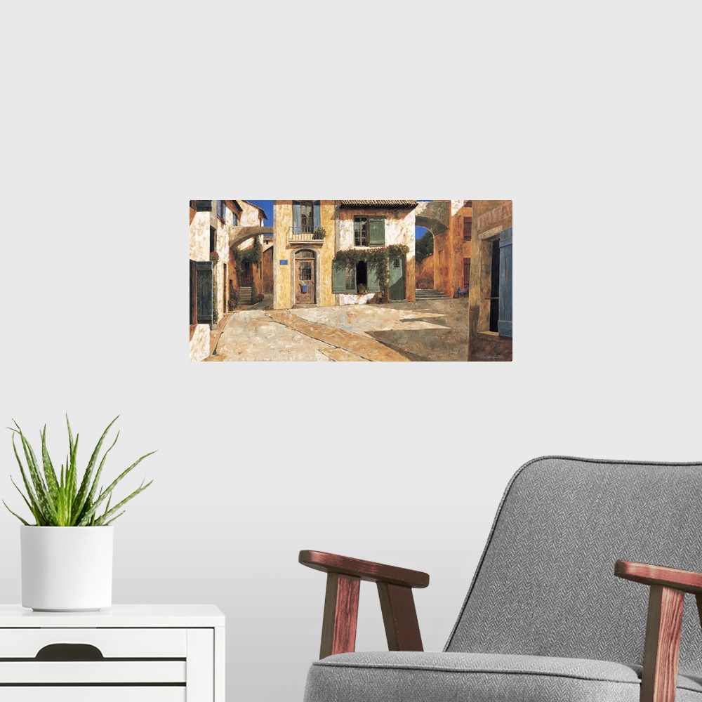 A modern room featuring Painting of several doorways in an alley in a European village.