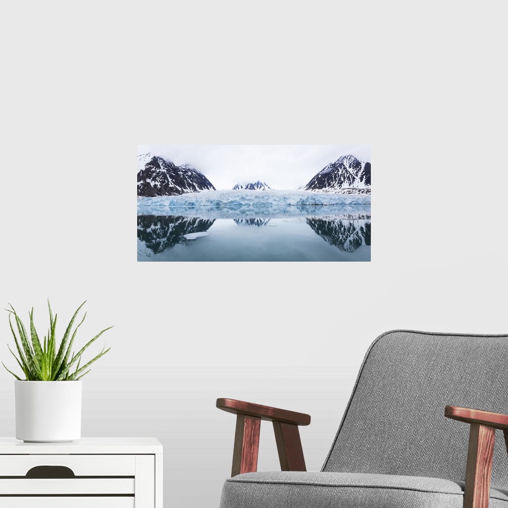 A modern room featuring Norway, Svalbard, Monacobreen glacier, Reflections of mountains and glacier.