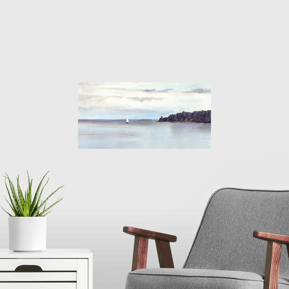 A modern room featuring Water view landscape - lake or sea, island, sky with clouds and white sail. Originally a watercolor.