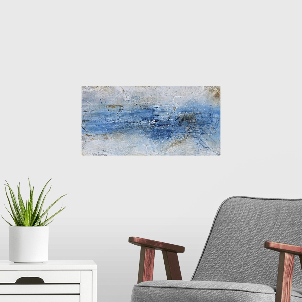 A modern room featuring Contemporary abstract painting using blue and light blue.