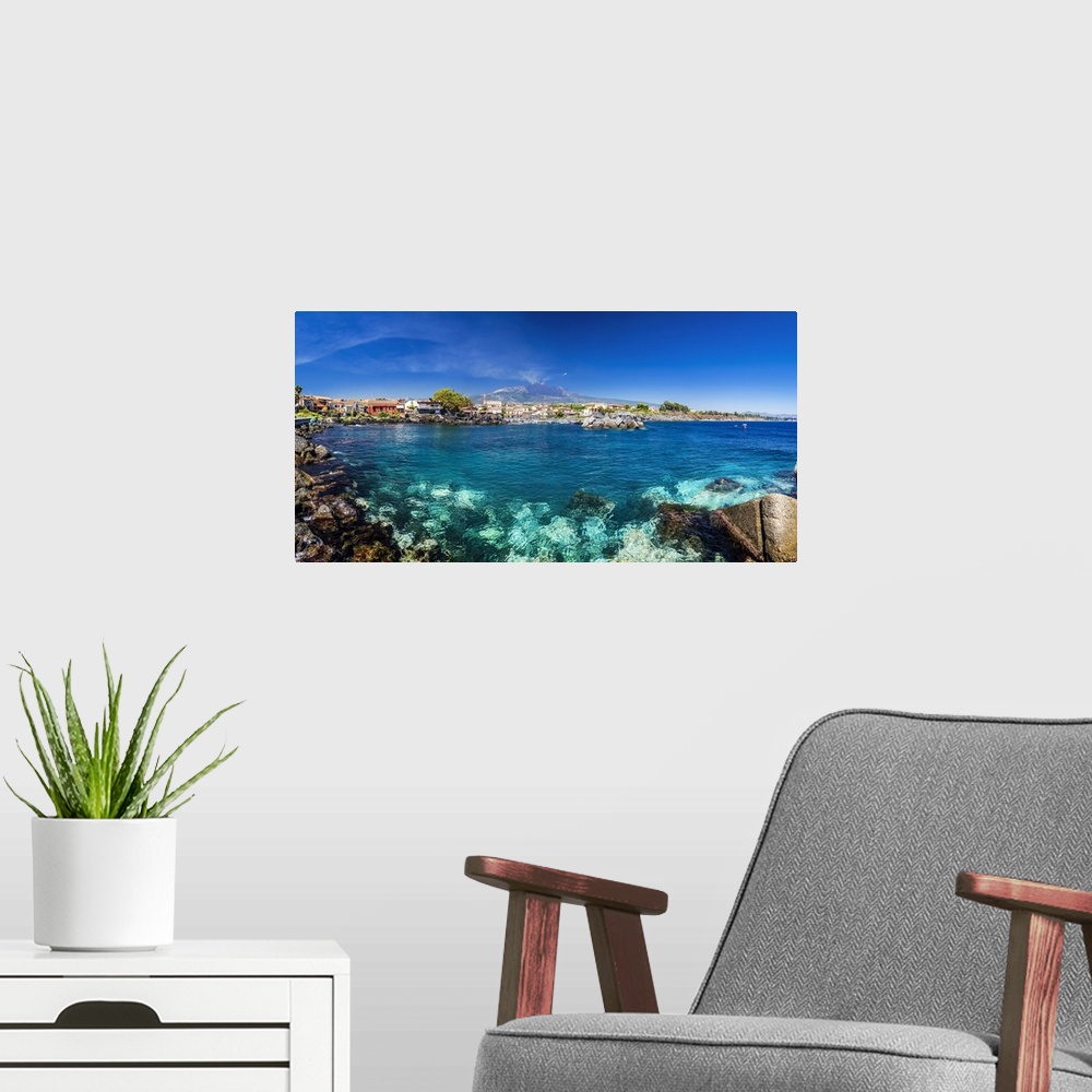 A modern room featuring Italy, Sicily, Mediterranean sea, Catania district, Acireale, Pozzillo harbor, Mount Etna in the ...