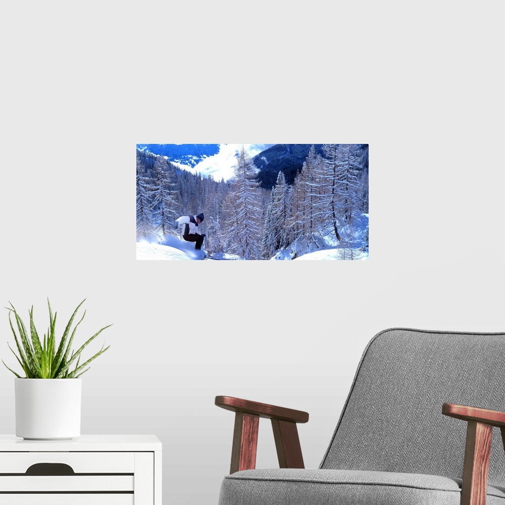 A modern room featuring Man Skiing