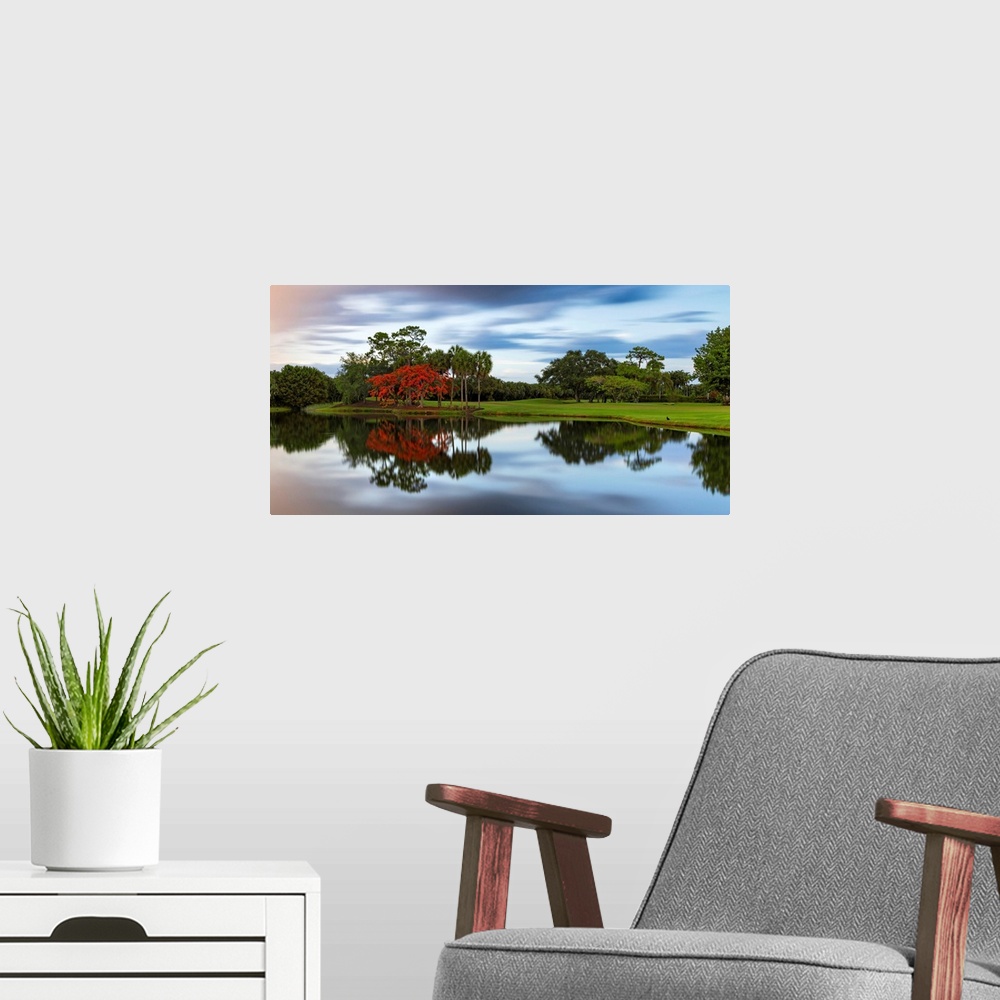 A modern room featuring Royal Poinciana tree reflecting over lake.