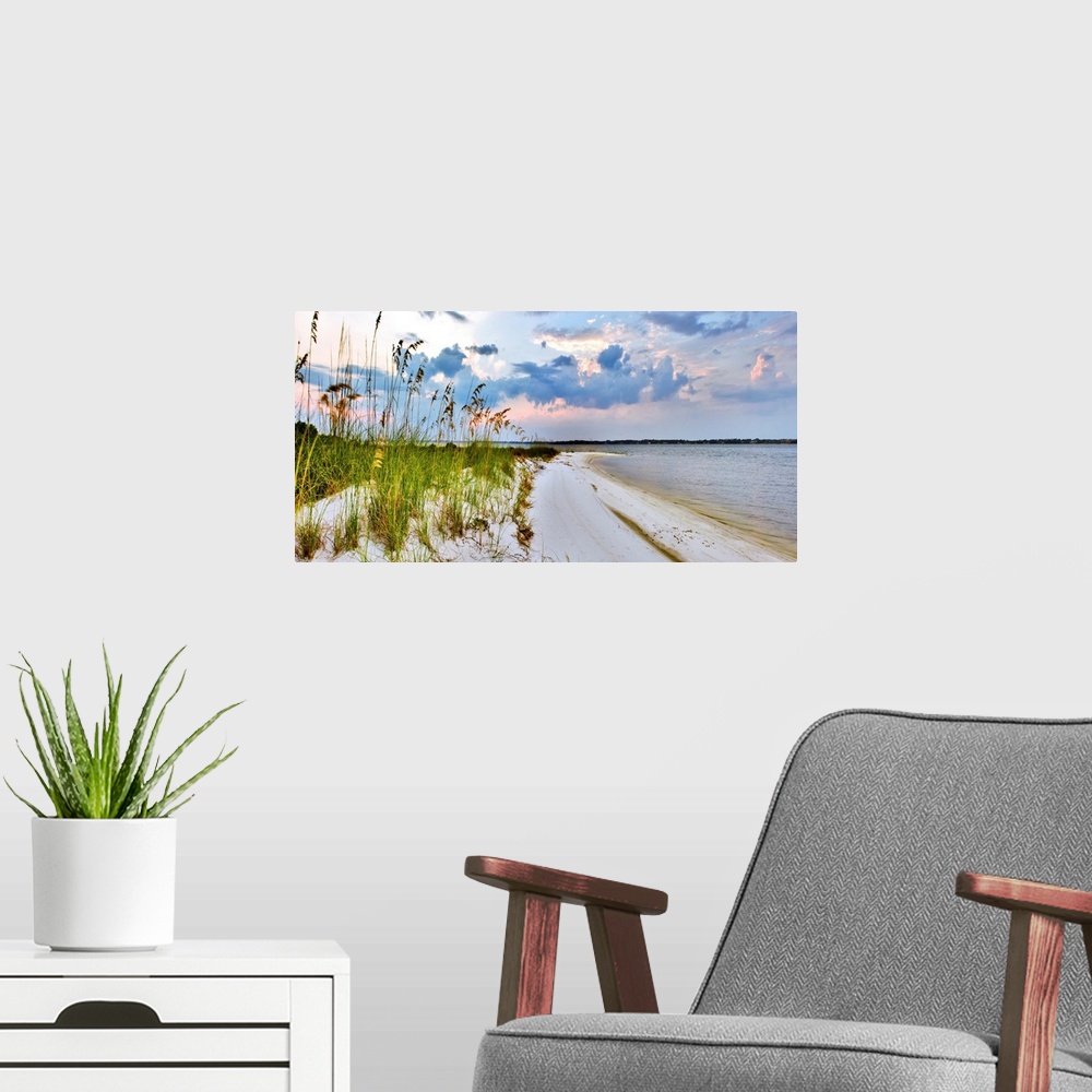 A modern room featuring A panoramic with blue and purple clouds over a grassy beach. Sea Oats can be seen reaching into t...