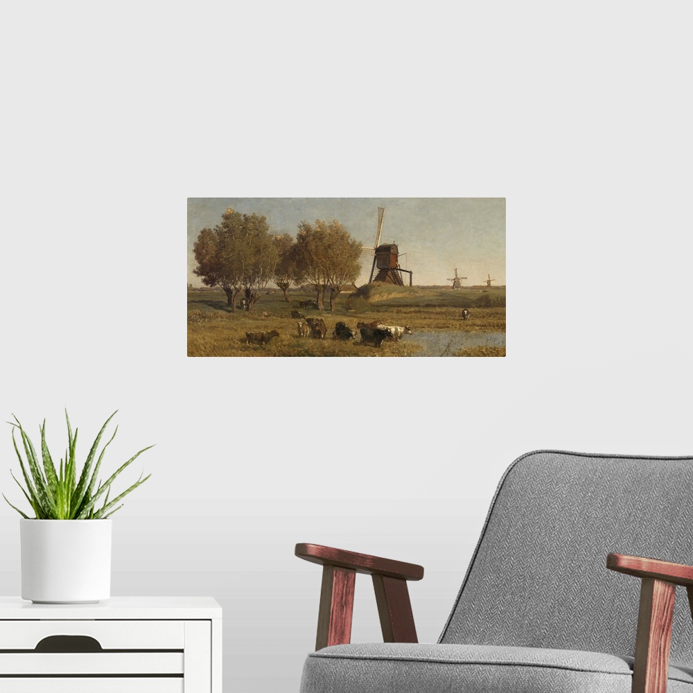A modern room featuring Dutch Polder Landscape near Abcoude, by Paul Gabriel, c. 1877, Dutch painting, oil on canvas. Thr...