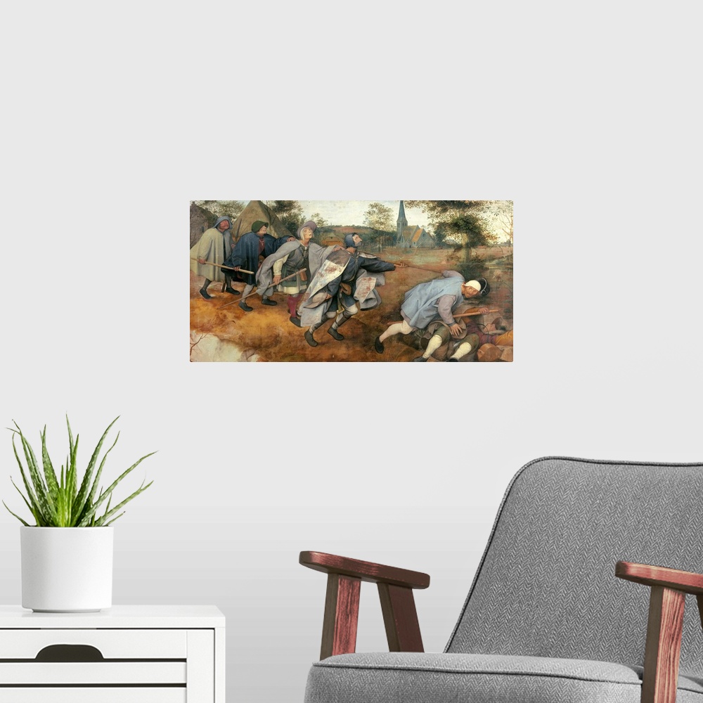 A modern room featuring Parable of the Blind, by Pieter il Vecchio Bruegel, 1568, 16th Century, tempera on canvas