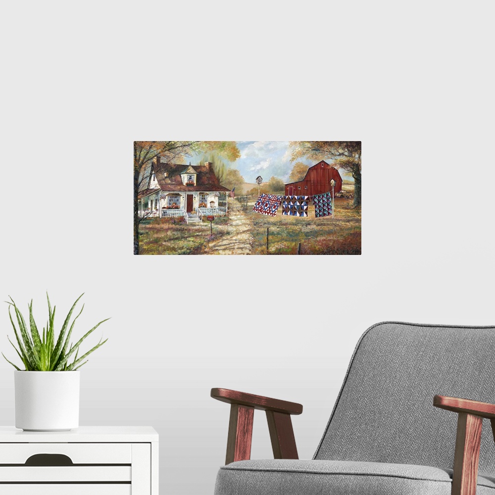 A modern room featuring Large contemporary painting of a farm house and a red barn with three quilts hanging on the line.