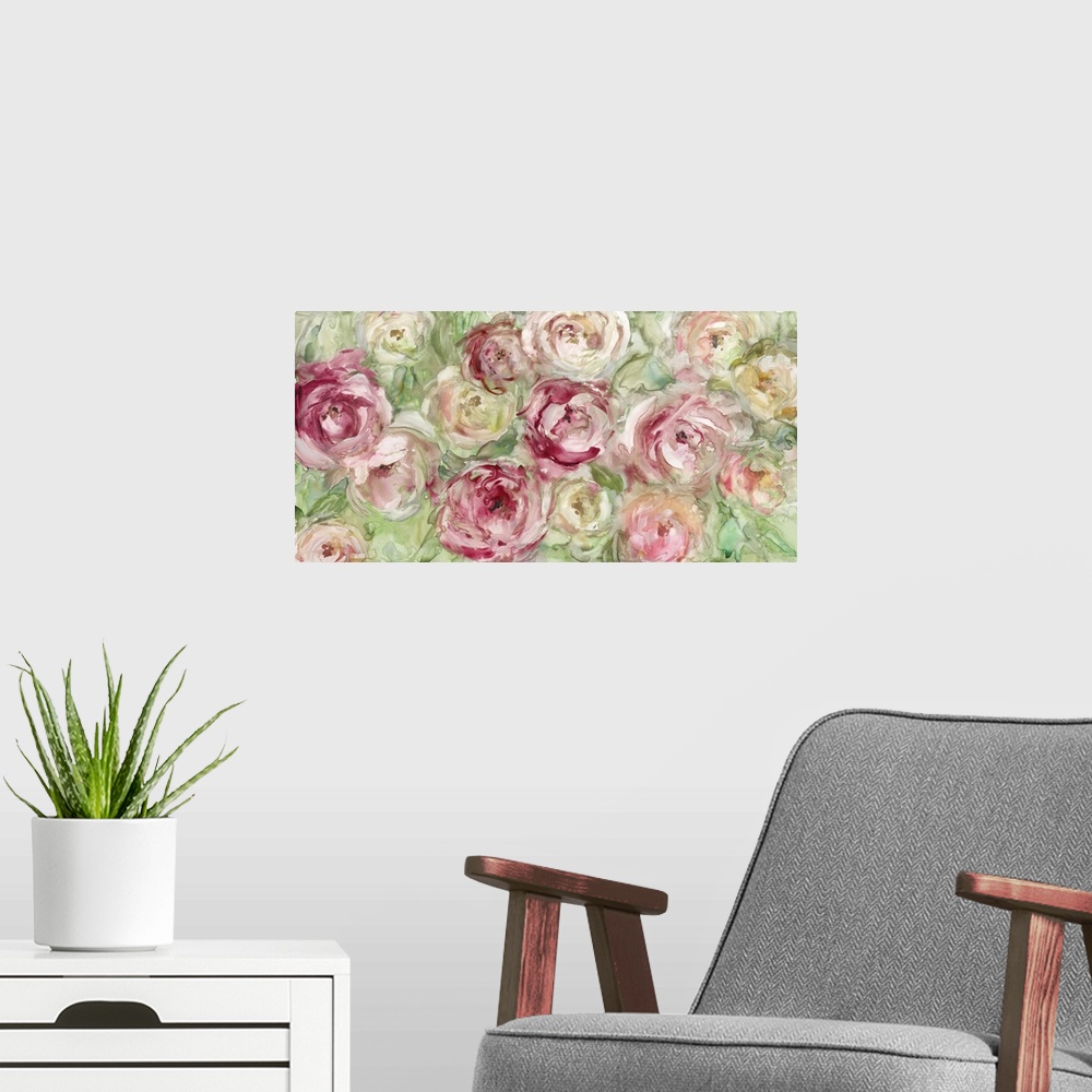 A modern room featuring A motif of watercolor roses in shades of red and green swell this contemporary painting.
