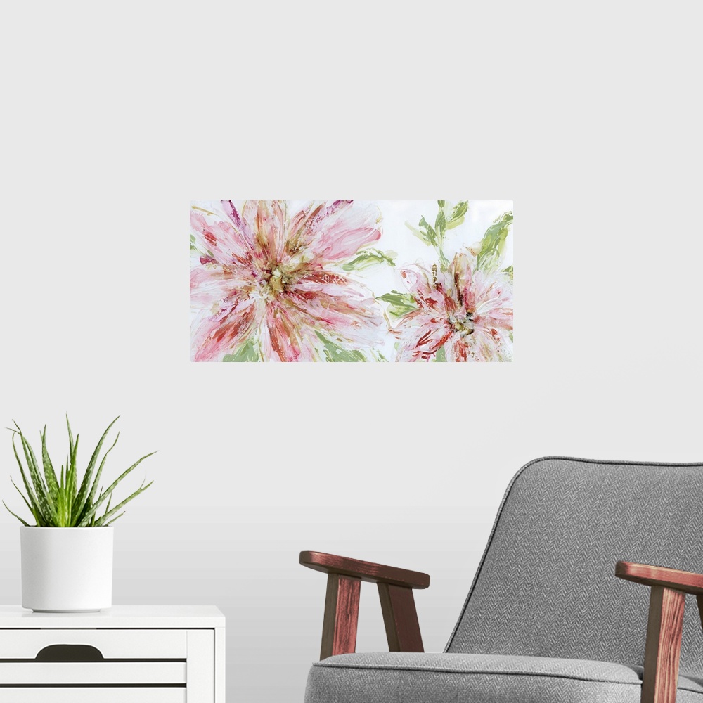 A modern room featuring Large painting of two abstract flowers in shades of pink and red with green leaves on a white bac...