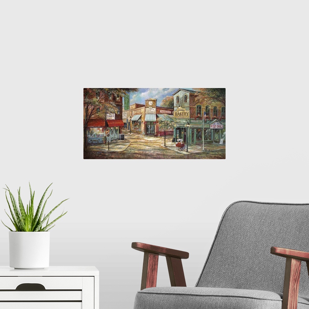 A modern room featuring Large contemporary painting of storefronts in an American town.