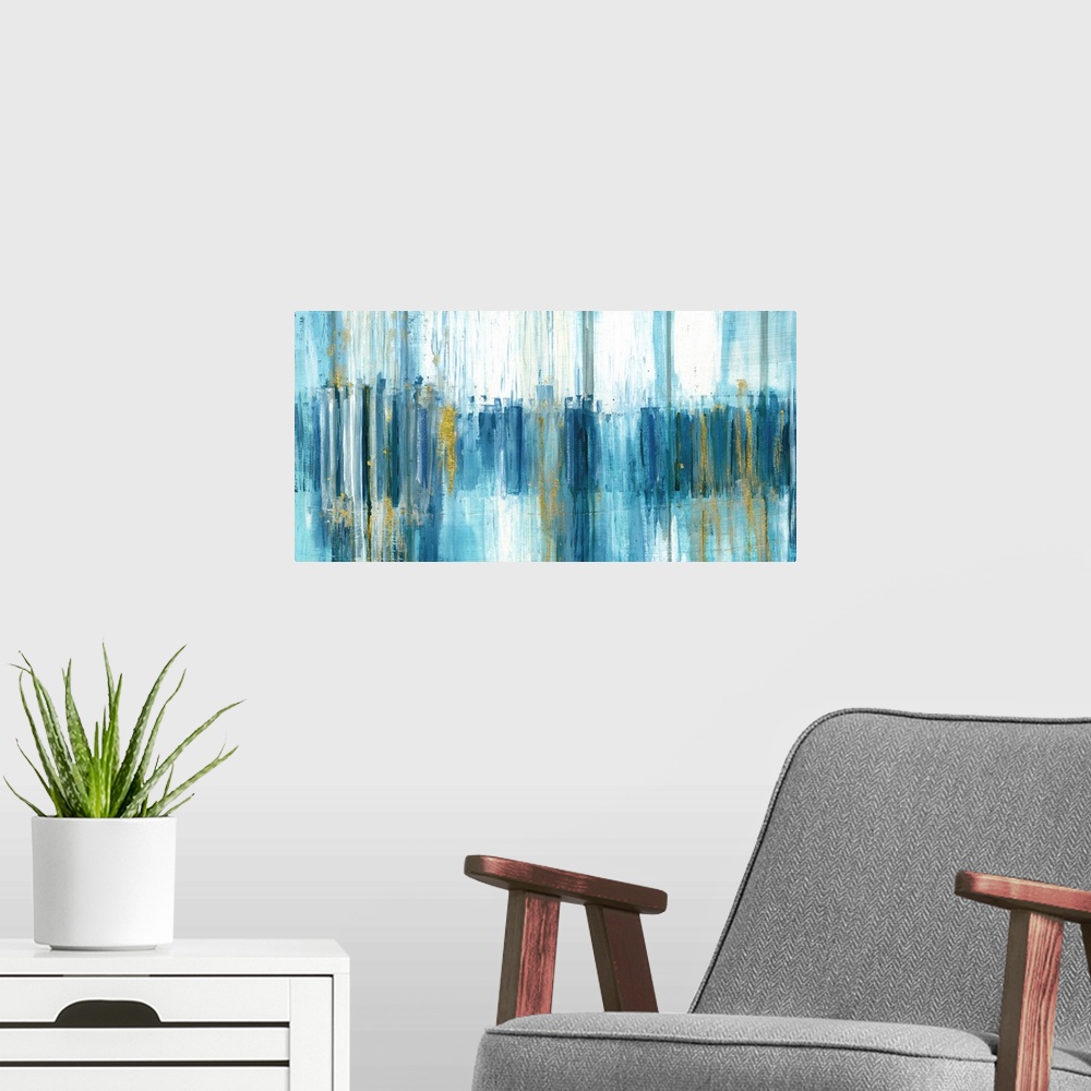 A modern room featuring Large abstract painting with blue brushstrokes in shades of blue running vertically down the canv...