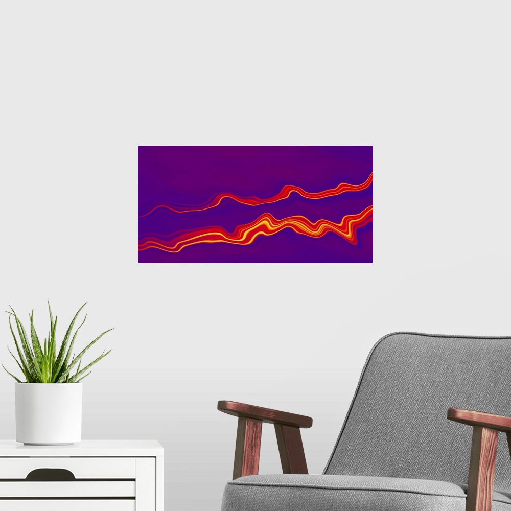 A modern room featuring Purple and red abstract waves