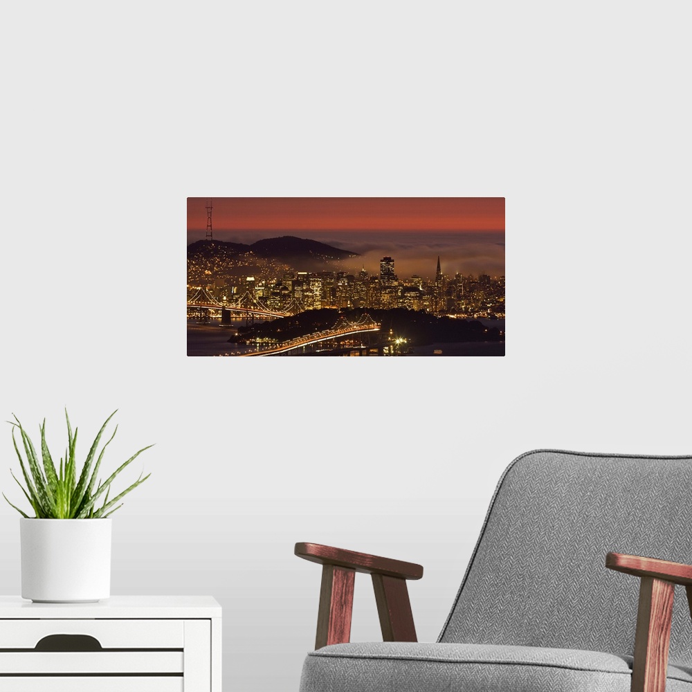 A modern room featuring USA, California, San Francisco, cityscape with summer fog, dusk