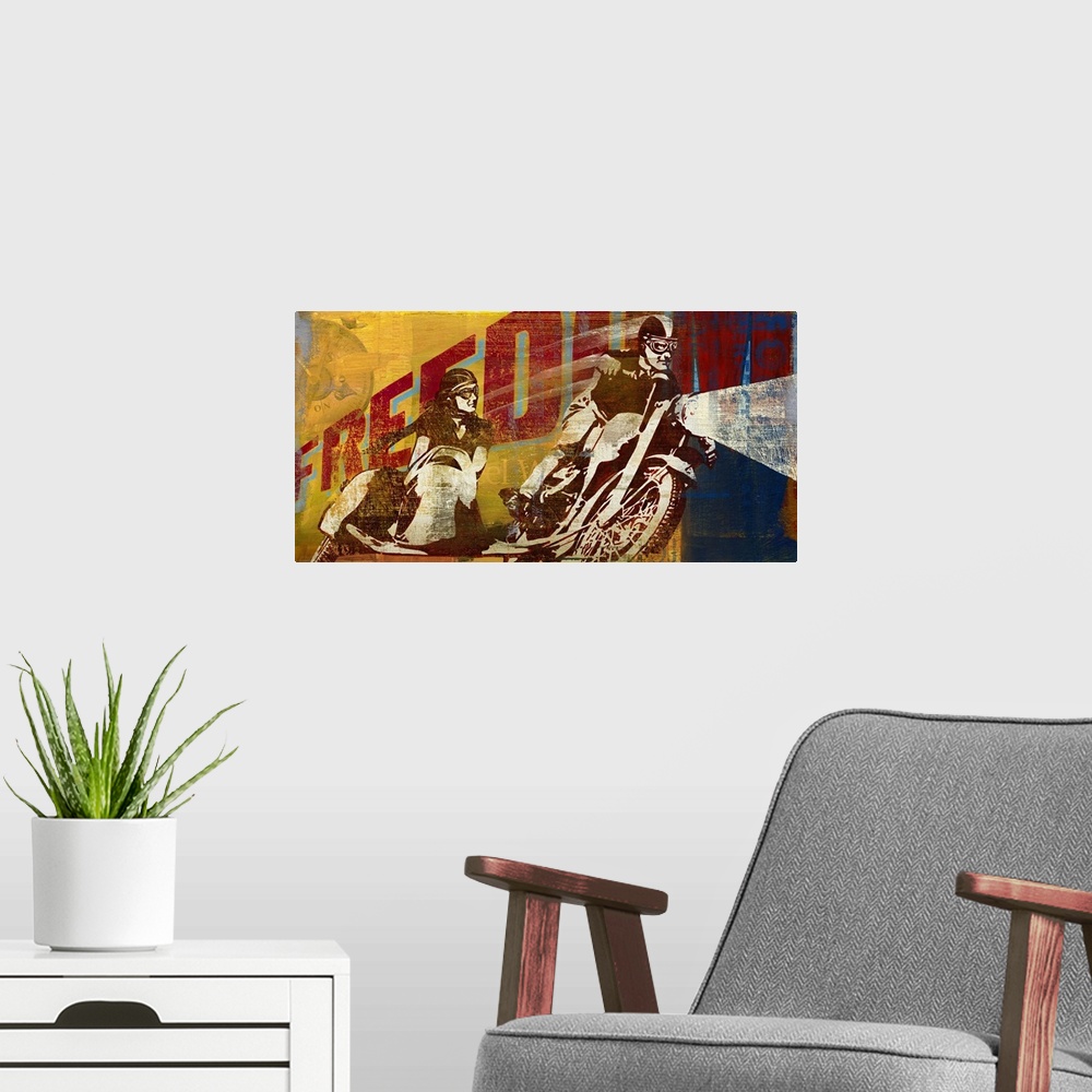 A modern room featuring Retro artwork of a motorcyclist taking a turn with the word "Freedom" printed behind him.
