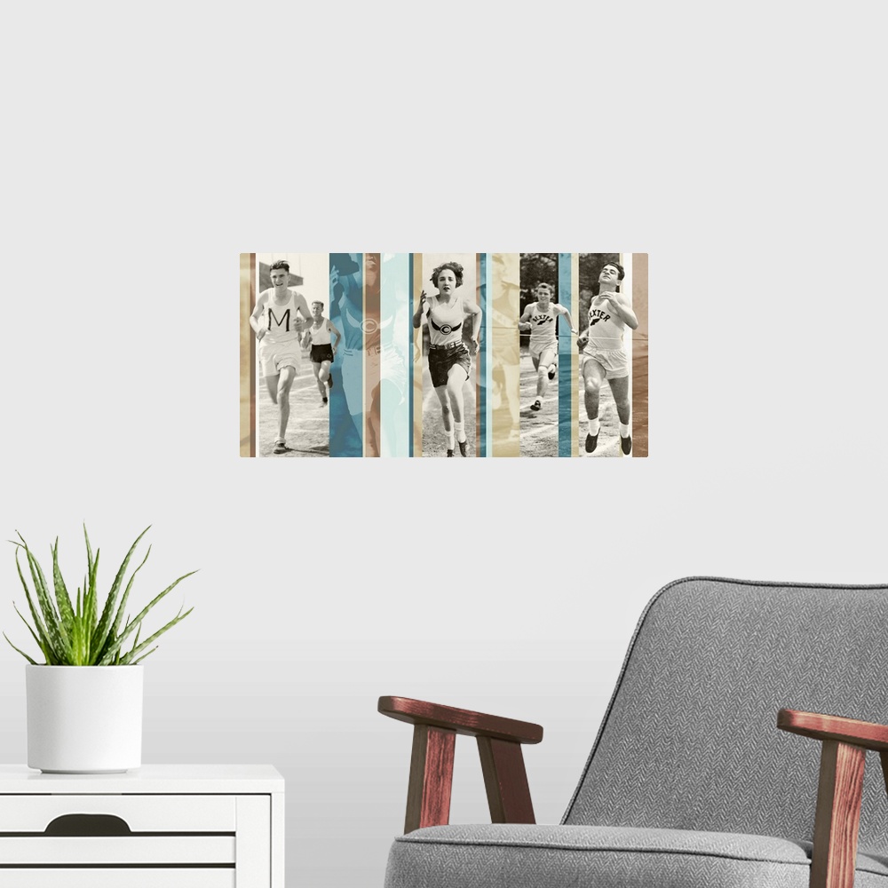 A modern room featuring A composite of vintage photos of runners in track and field, with color stripes overlaying.