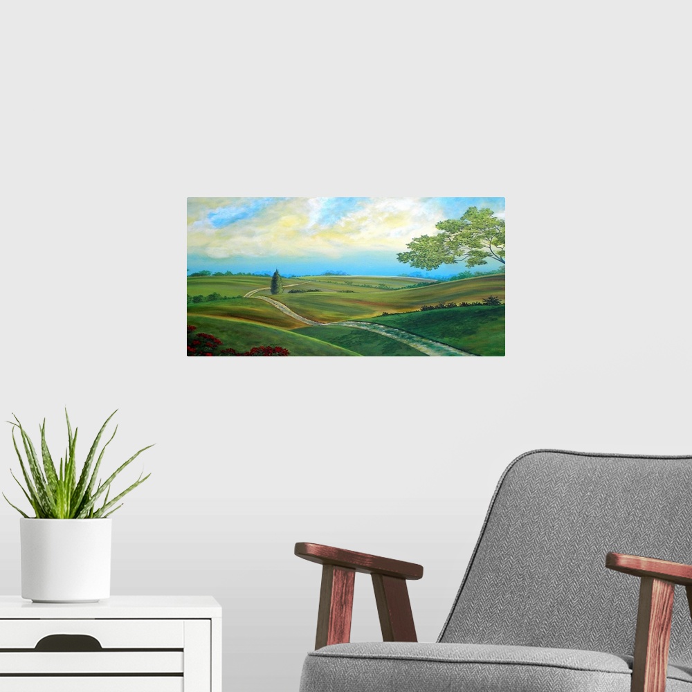 A modern room featuring Landscape painting of Leicester's countryside and rolling hills on a beautiful day.